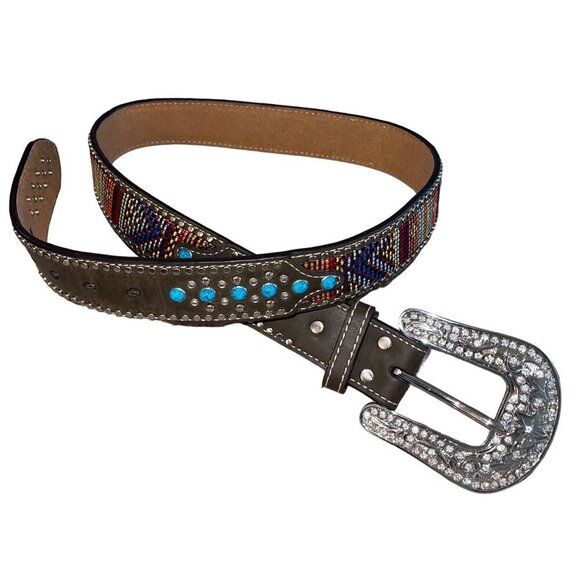 Blazin Roxx Womens Belt Size Medium Brown Aztec Design Bling Leather - Picture 1 of 8